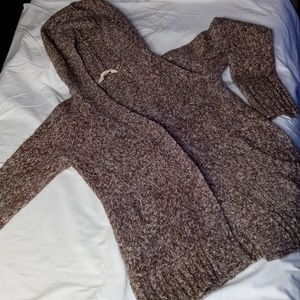 Brown/oatmeal cardigan with pockets, hood & snaps